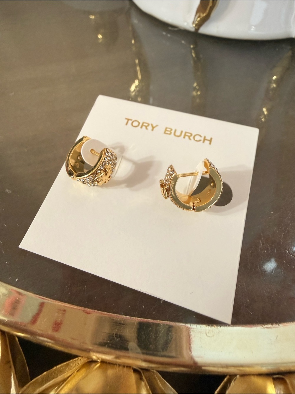 Tory Burch Gold Crystal-Embellished Mini Huggie Earrings